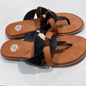 Yellow Box Cow Print Leather Sandals